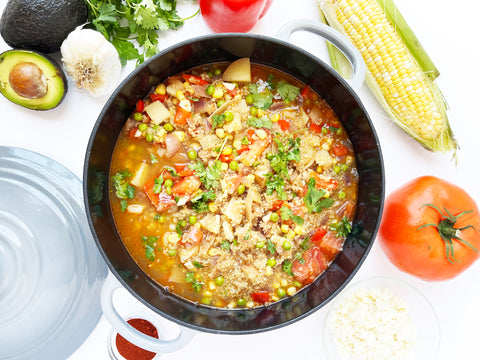 quinoa stew in fade grey 5 quart cast iron dutch oven