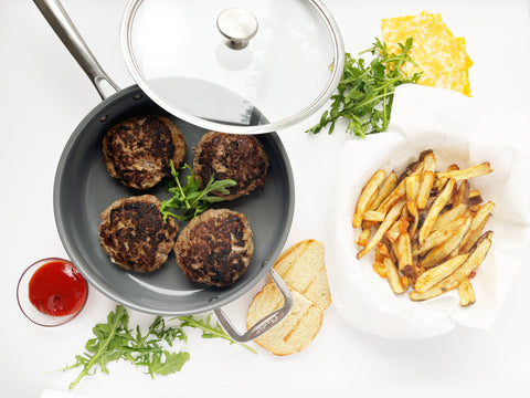 bistro burgers made in 3clad saute pan with glass lid and hand cut fries on plate