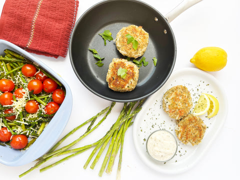 8 inch stripes pan and square baker crab cakes and asparagus side