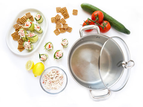 cucumber rollups on plate with pretzels and  induction 21 stainless steel stockpot and steamer insert