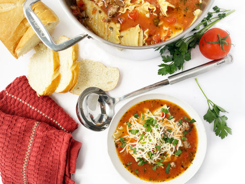 lasagna soup in 3 clad stock pot and stainless steel ladle