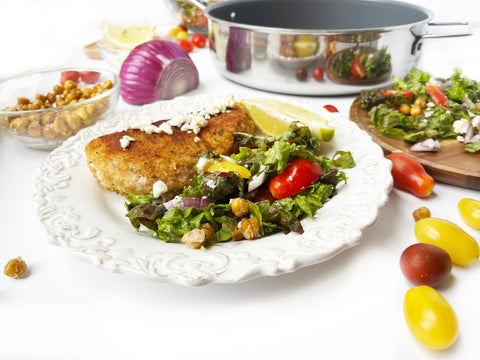 chicken milanese and chickpea salad with nonstick 3 clad saute