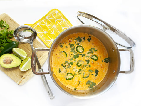 tortilla soup topped with cilantro tortilla strips and jalapeno peppers in 3 clad 7 quart stockpot