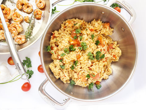 summer shrimp risotto in induction 21 chefs pan and 3clad 10 inch fry pan