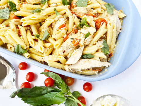 feta chicken pasta in glacier blue rectangular baker