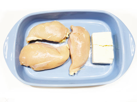 chicken and feta cheese in glacier blue rectangular bakeware