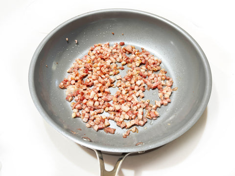 pancetta frying in 8 inch ID 21 fry pan