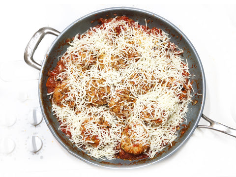 induction 21 steel coated 12.5 inch fry pan used for chicken meatball parmesan
