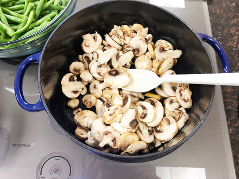 cooking mushrooms in 7 quart cobalt blue dutch oven for beans