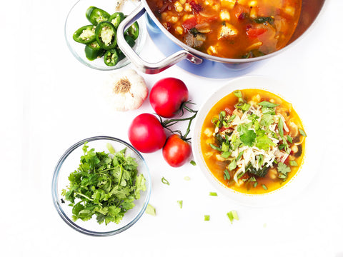 spring spicy posole soup in 6 quart stripes stock pot