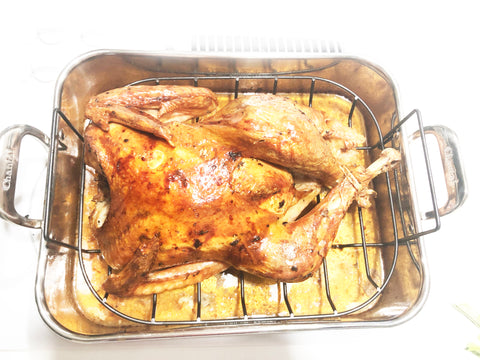 basted turkey in stainless steel roaster with rack