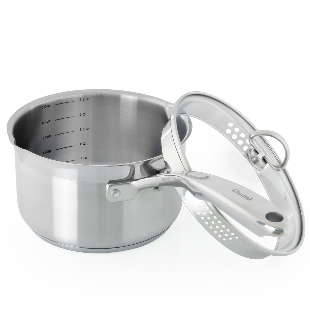 induction 21 stainless steel saucepan with strainer lid used for making the pasta in this recipe