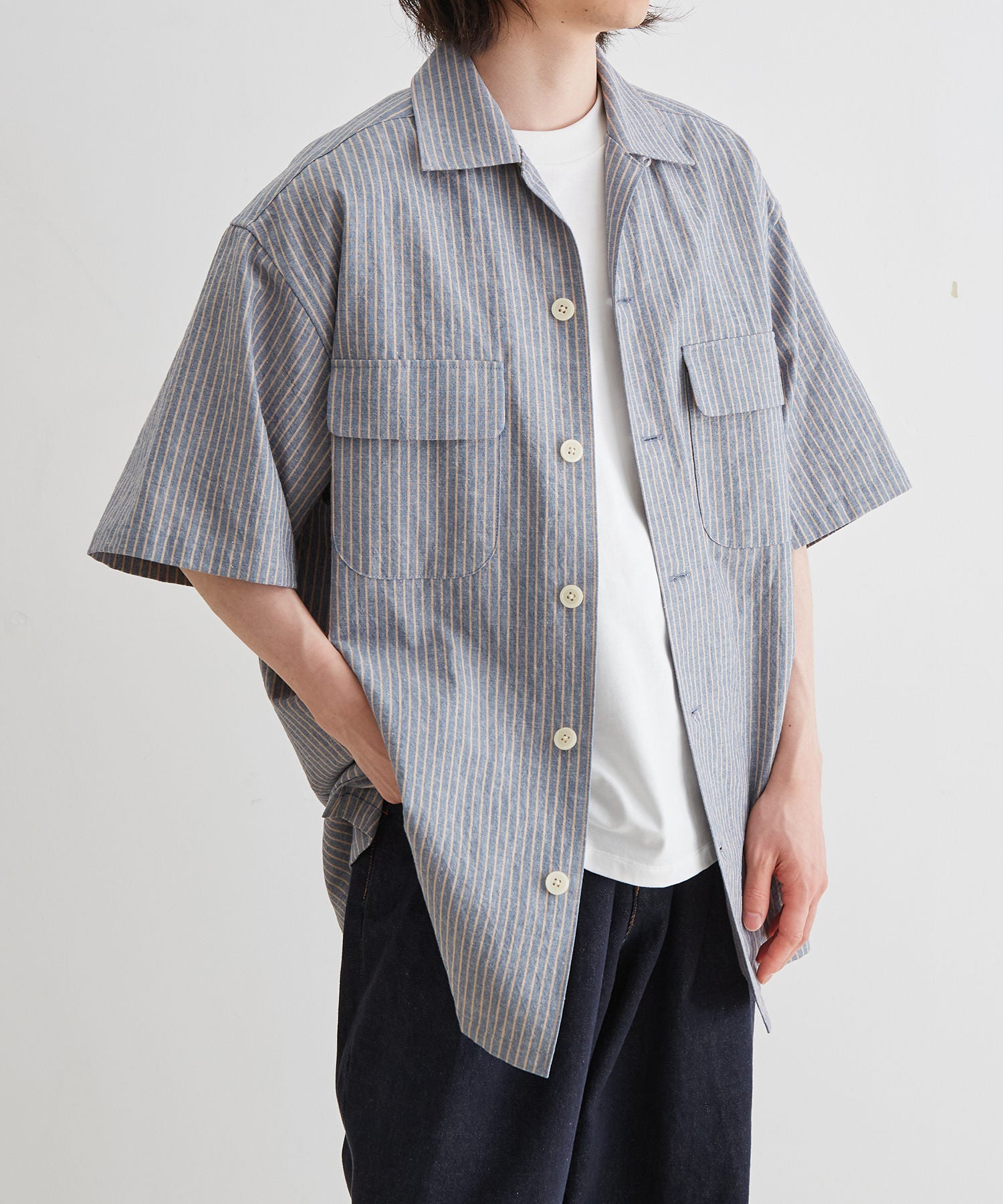 PRONTI ストライプ柄 半袖 オープンカラー ポリシャツ メンズXL /eaa371410中国製年代
