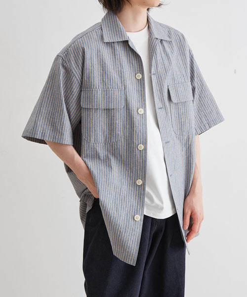 【ブラック】リネン混配色オープンカラー半袖シャツ