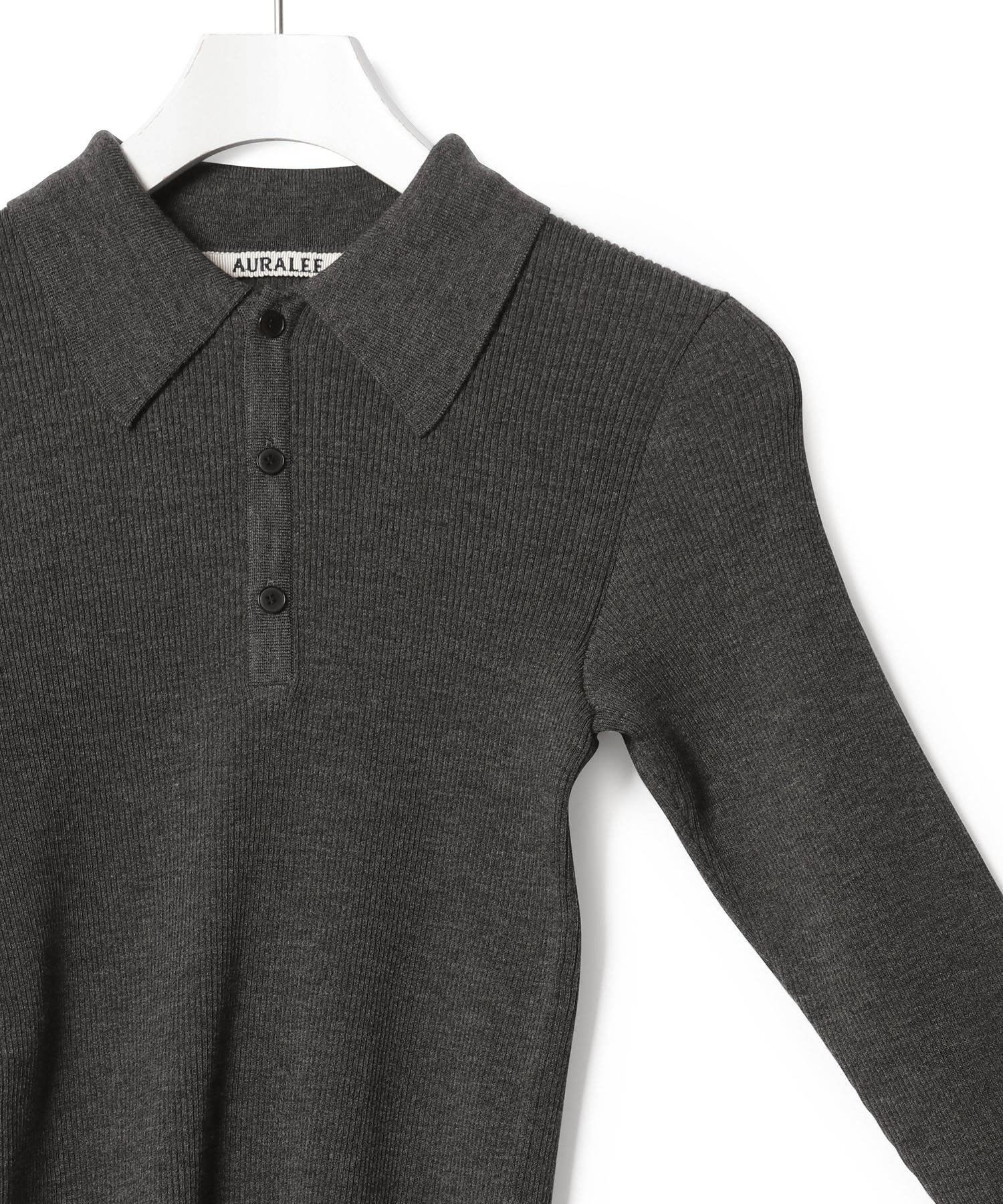 Auralee Super Fine Wool High Gauge Rib Knit Polo in Top Charcoal