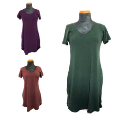 image on a white background showing three mannequins wearing tshirt dresses in purple, dusty rose and forest green