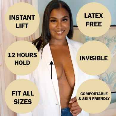 An image features a woman of color using The Boob Tape on one side, accompanied by information about the product's features.