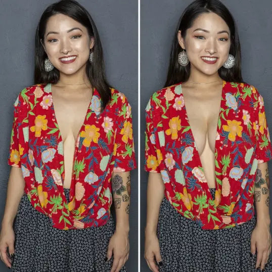 Before & After images depict an Asian woman wearing a red shirt and using The Boob Tape