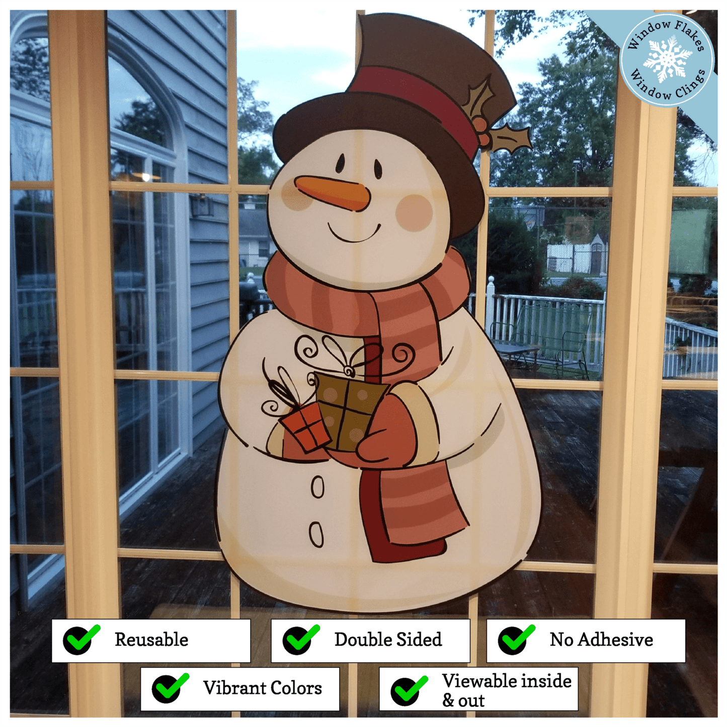 XL-LARGE VINTAGE SNOWMAN WINDOW CLINGS :: This enormous XL-LARGE Vintage Snowman Decoration window clings is a design marvel, let alone a decorative one. Each snowman is printed double sided using our innovative print process so they decorate both the view from inside and outside of your windows or glass doors.