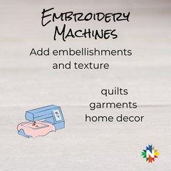 Embroidery Machines add embellishments and texture to quilts, garments and home decor.