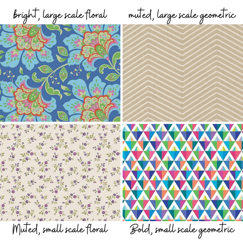 Image shows four different fabrics with various sizes and types of print patterns