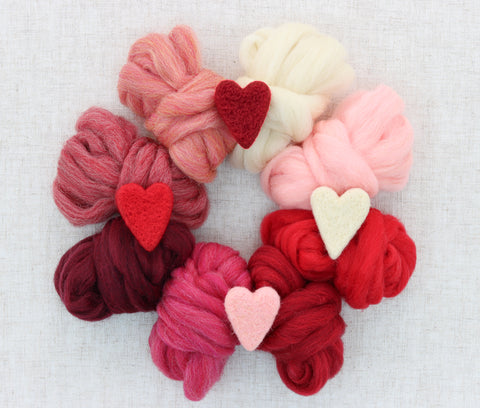 Valentine's Day Reds and Pinks Wool Sampler and Felted Hearts