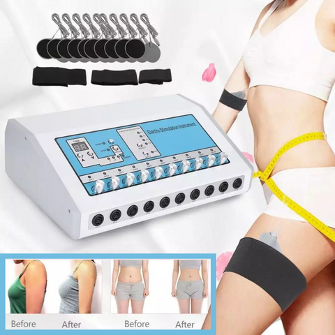 EMS Muscle Stimulator Machine, Woman’s body with Tape Measure, Before and After