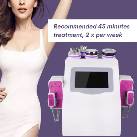 Beautiful slim woman, Unoisetion 6 in 1 Cavitation Machine, Recommended 45 minutes treatment 2 times per week