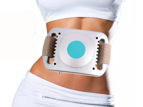 Cryolipolysis Fat Freezing Belt is Worn on the waist of slim woman with white skirt and top