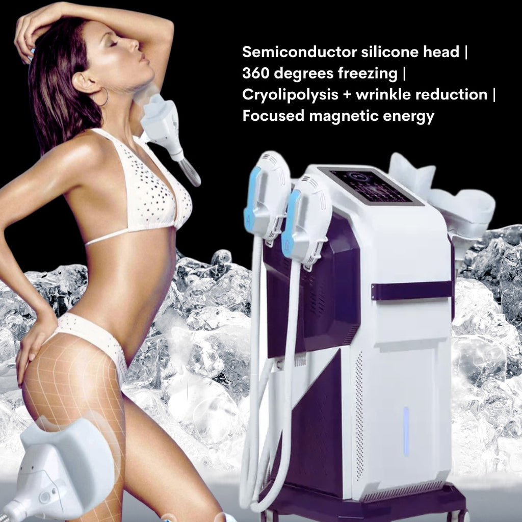 Slim beautiful woman in bikini, fat freezing ems sculpting machine, large quantities of Ice