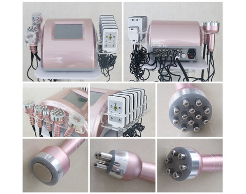 Back, front, and close up view of Rose Gold 6 in 1 Lipo Cavitation Machine and Probes