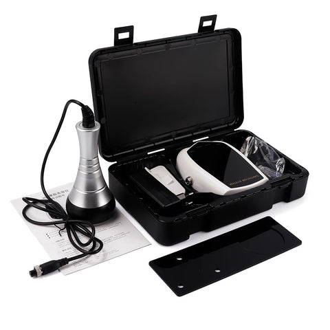 40k Black Color Cavitation Machine inside open carrying box, Fat Explosion Head, Base Stand & Parts