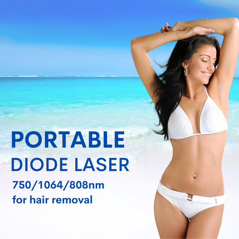 Woman in white bikini on beach, portable diode  laser  755, 1064, 808 nm wavelength