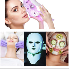 LED light therapy mask held in front of face, worn on face, after treatment mask