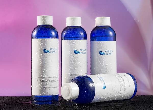 Wet bottles of REJUVA FRESH hydrafacial solutions