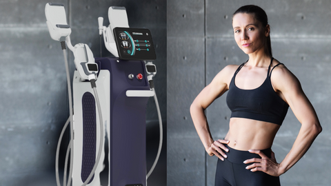 Woman Wears Black exercise wear with sculpted  abdominal , EMS sculpting machine 