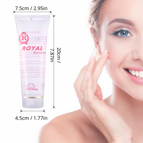Dimensions of Royal Conductive Gel for Face, Young Beautiful Woman Touches Her Face