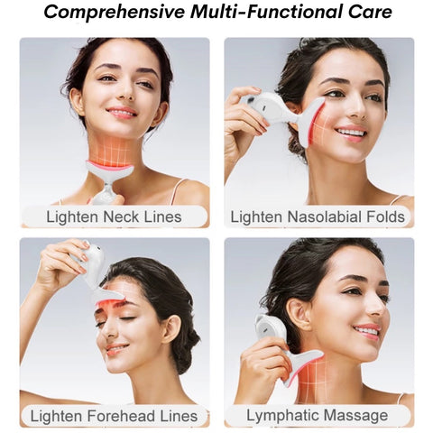 Comprehensive Multifunctional Skincare, Woman uses face and neck massager beauty device to achieve skin  anti-aging