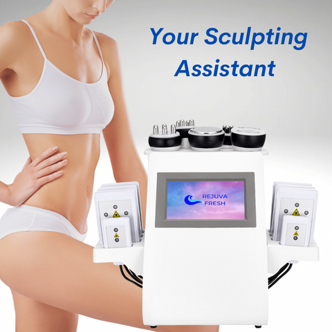 Rejuva Fresh 6 in 1 Cavitation Machine, Slim Woman in White bikini, Sculpting Assistant