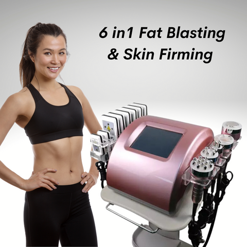 6 in 1 Fat Blasting and Skin Firming Rose Gold Color  Lipo Cavitation Machine and Slim athletic young woman