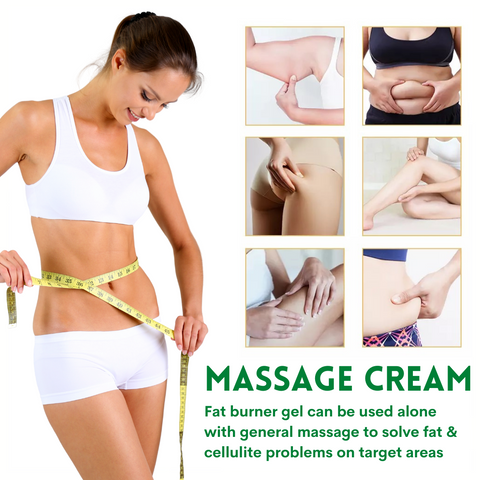 Slim woman with tape measure, Massage cream works on different body parts