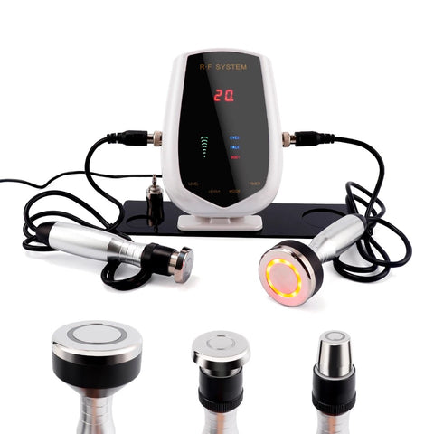 Radio Frequency Skin Tightening Machine on Black Base Stand, and Three Probes for Body, Face and Eyes