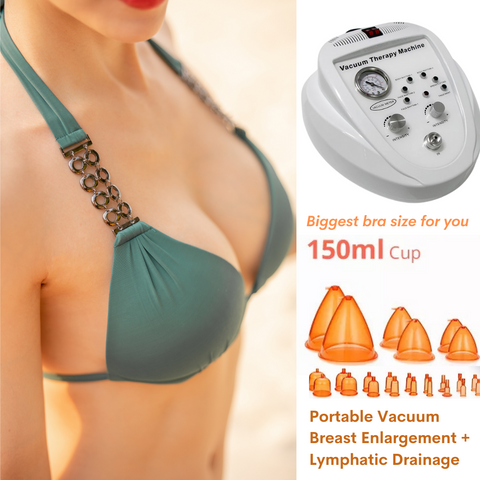 Woman with big breasts wears bikini, vacuum Therapy Machine with 150ml cups