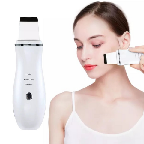 Young Woman uses Ultrasonic Skin Scrubber, White Color, on her Face