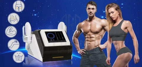 Muscular man and woman, EMSculpt Body Sculpting Machine