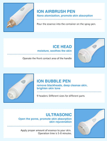 Hydra Facial Machine Handles - ion airbrush pen, ice head, ion bubble pen, Ultrasonic- for Smart Ice Blue Hydra Facial Machine