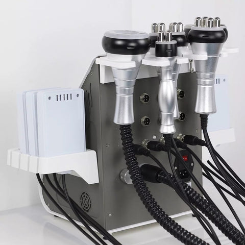 Side and Back View of 6 in 1 Lipo Cavitation Machine, Handles, Connections, and Lipo Laser Pads