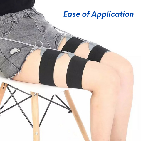 Woman seated in chair with EMS muscle stimulator pads applied to legs, easy to use