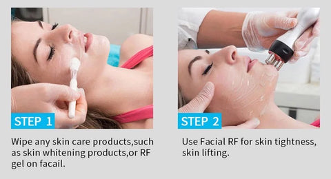 Step 1, Step 2 usage of RF Handle of 6 in 1 Cavitation Machine on Face