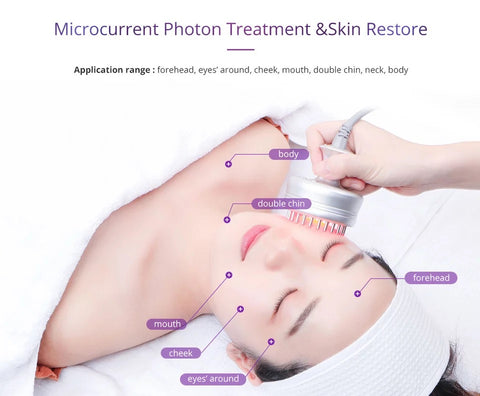 Tratamiento de fotones de microcorriente se realiza con la sonda Unoisetion en el rostro de la mujer